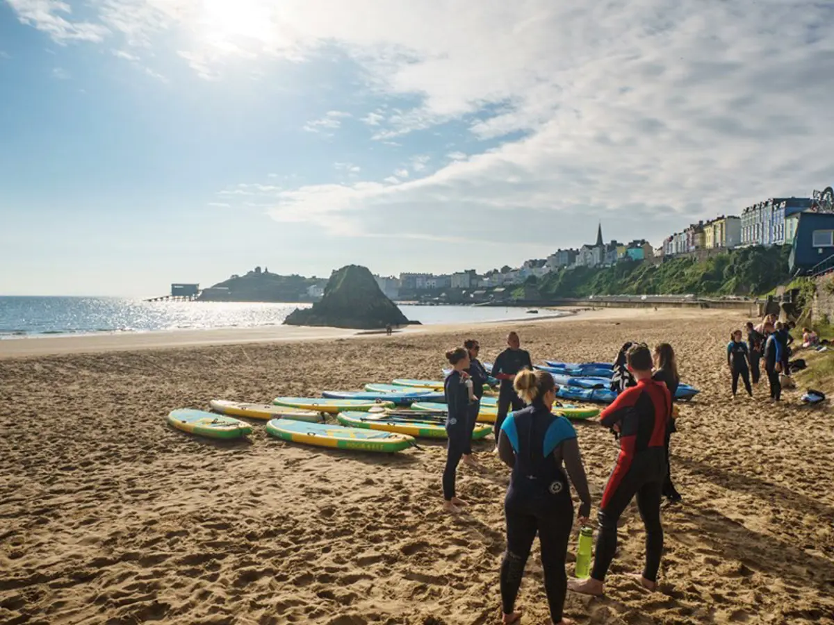 Paddle board group on a Pembrokeshire beach