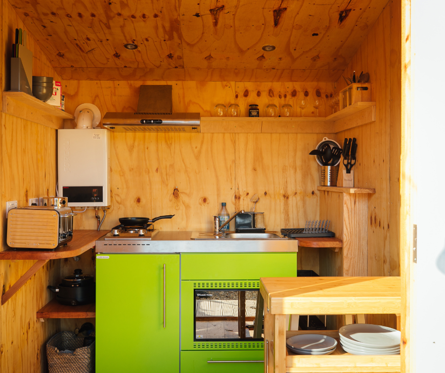 Kitchen inside a glamping dome